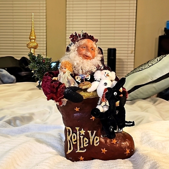 Vintage Clay Santa & Friends in a Boot w BELIEVE on Boot. - Picture 1 of 12